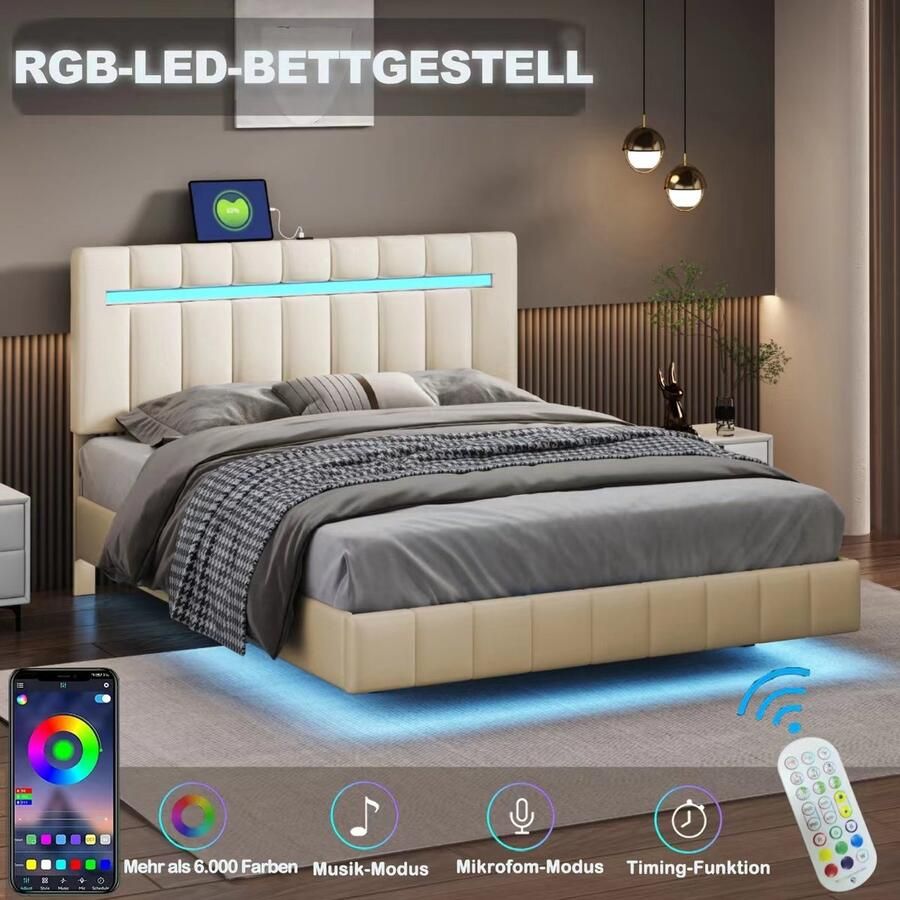 Singularity -Gestoffeerd bed 140 x 200 cm- gestoffeerd zwevend bedframe met LED-verlichting en hoofdborddesign- tweepersoonsbed beige- zonder matras - Foto 2