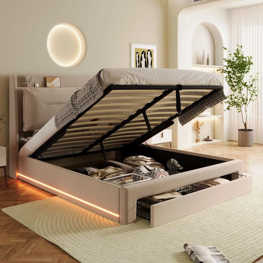 Singularity -Gestoffeerd bed- 140 x 200 cm- hydraulisch bed- 2-in-1 opberglades aan het voeteneinde- lattenbodem- zonder matras- fluweel- beige