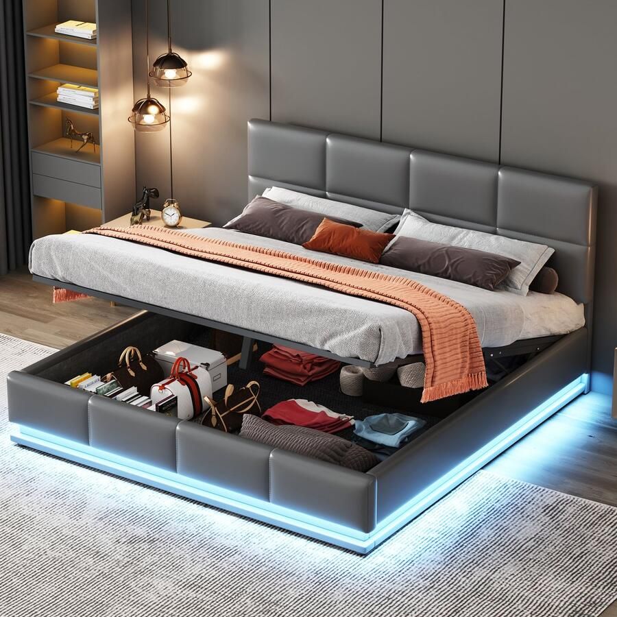 Singularity -Gestoffeerd bed 140 x 200 cm met LED- metalen lattenbodem & bedkast- tweepersoonsbed met hydraulische opbergruimte- wit (zonder matras)