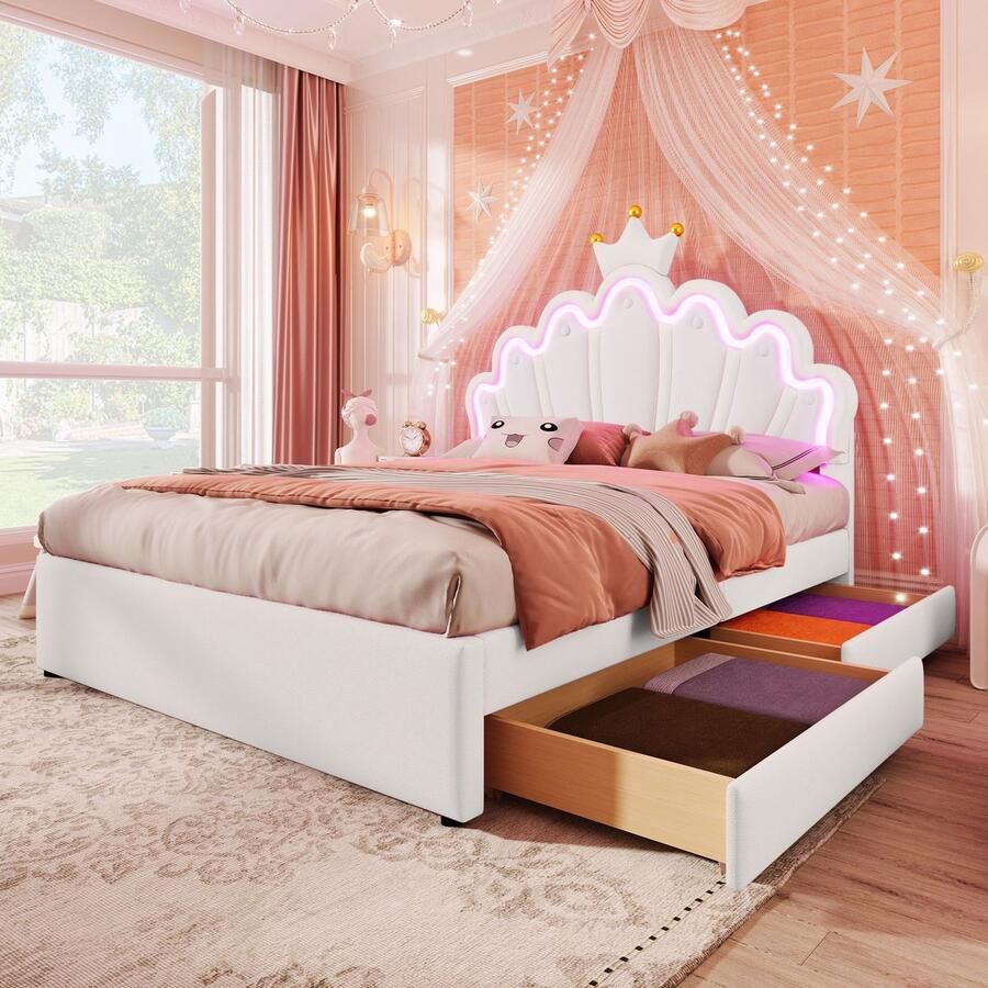 Singularity -Gestoffeerd bed- 140 x 200 cm- sfeerverlichting met afstandsbediening- bed met 2 lades- zonder matras- roze