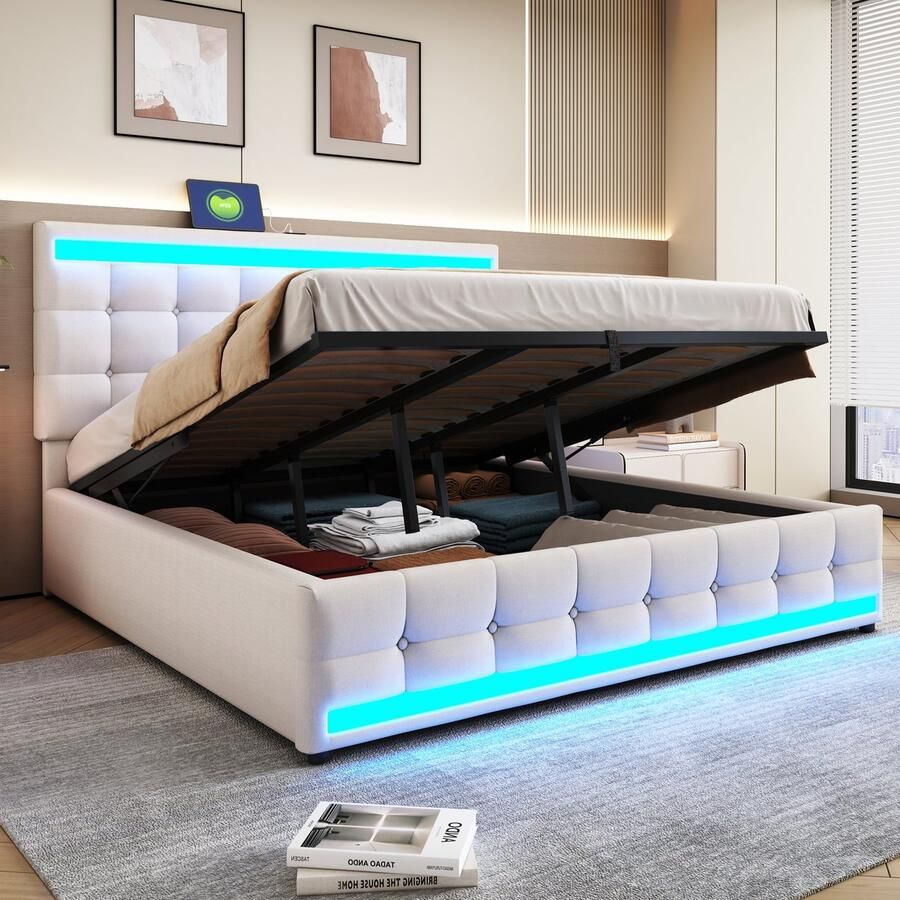 Singularity -Gestoffeerd bed 140 x 200 cm- zonder hoofdbord- met LED-lichtstrip (monochroom)- hydraulisch zwevend bedframe met opbergruimte- eenpersoonsbed- jeugdbed- beige- zonder matras