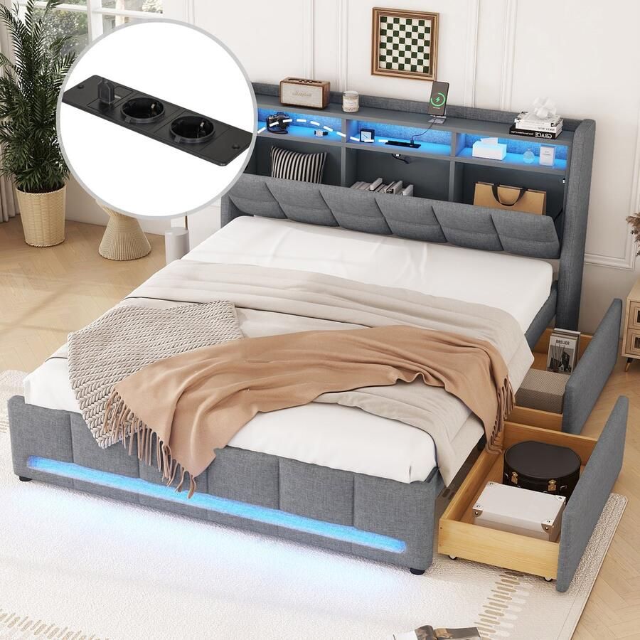 Singularity -Gestoffeerd bed- 140 x 200 cm- zonder matras- LED-verlichting- bed met lades met stopcontacten en USB- linnen- beige
