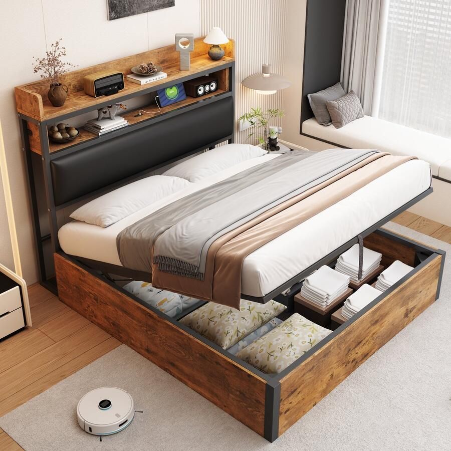 Singularity -Gestoffeerd bed 140 x 200 met hydraulische hefinrichting- USB- gestoffeerd hoofdeinde- vintage design in hout en metaal- wit- zonder matras