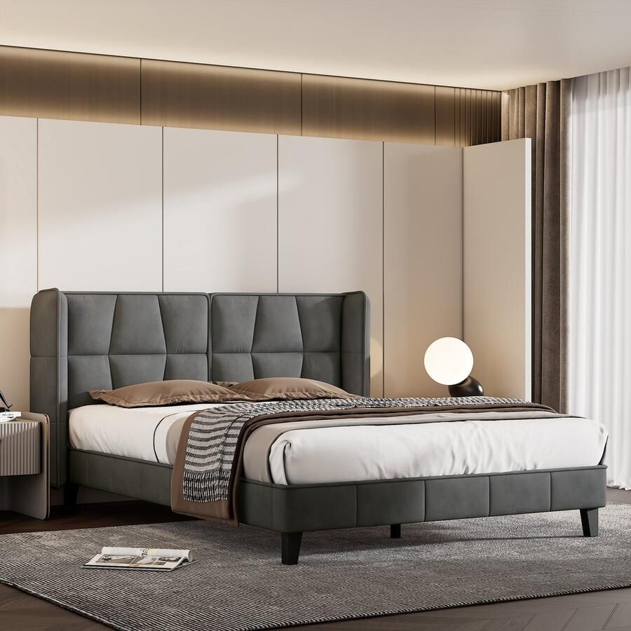 SONNENH Polsterbed Jeugdbed 140 x 200 cm met Lattenbodem en Hoofdeinde – Houten Lattenondersteuning Eenvoudige Montage Fluweel in Grijs