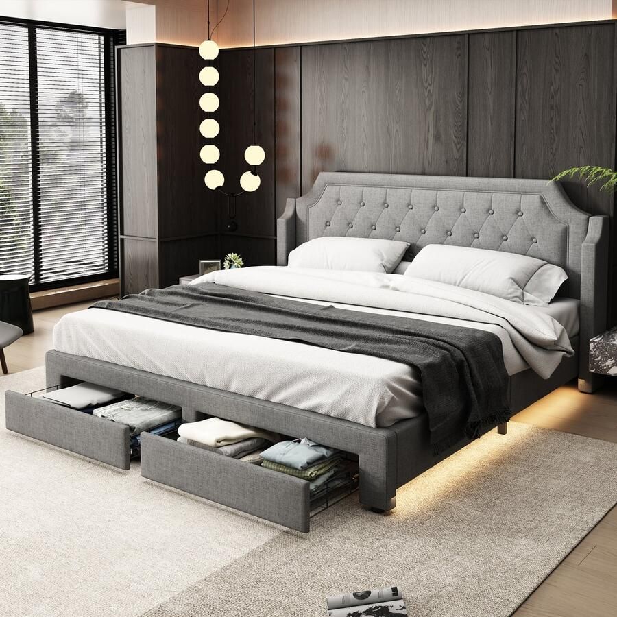 Merax 180 x 200 cm Gestoffeerd bed met LED-verlichting met lades Tweepersoonsbed Opbergbed met opbergruimte Zonder matras Grijs
