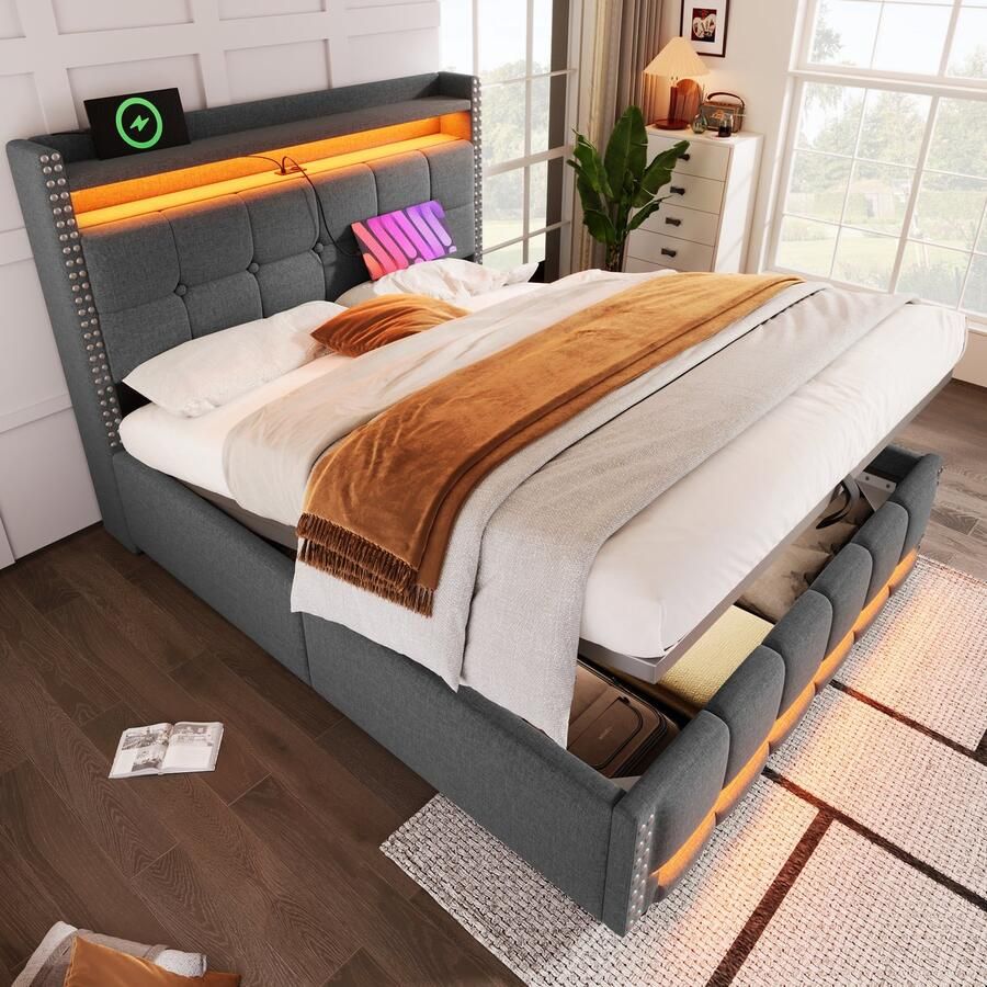 Singularity -Gestoffeerd bed 140x200 cm- hoofdbord met planken en opbergruimte met 4 lades- tweepersoonsbed voor volwassenen- grijs- zonder matras