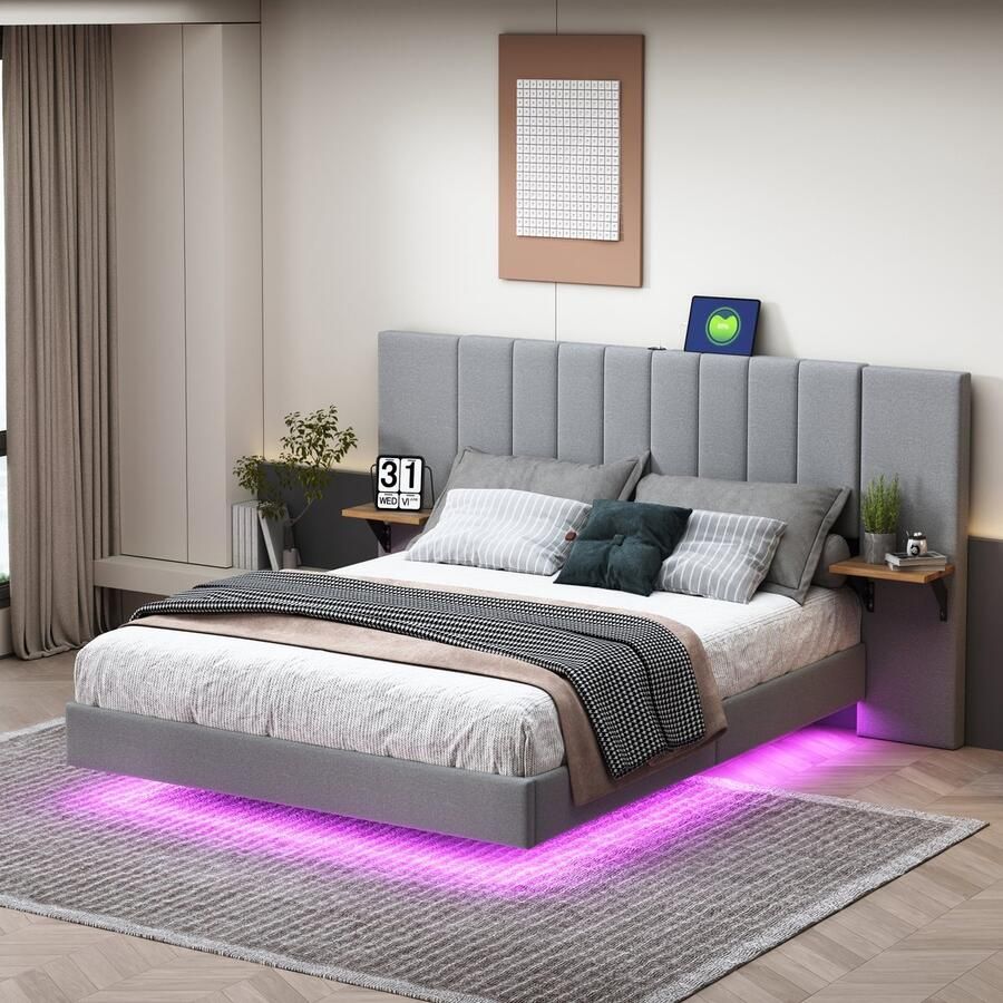 Singularity -Gestoffeerd bed 140x200 cm- hydraulisch zwevend bedframe met opbergruimte- gestoffeerd bed zonder hoofdbord met LED-verlichting- linnengrijs- zonder matras