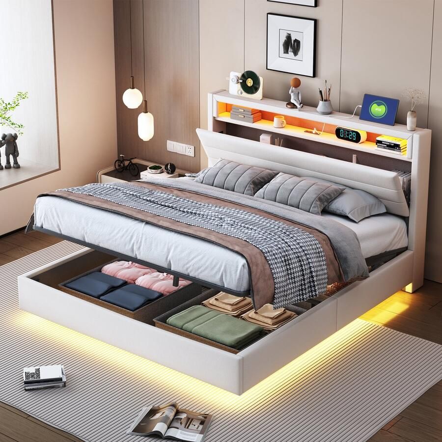Singularity -Gestoffeerd bed 140x200 cm- hydraulisch zwevend bedframe met opbergruimte- omkeerbaar hoofdeinde- linnen beige- zonder matras