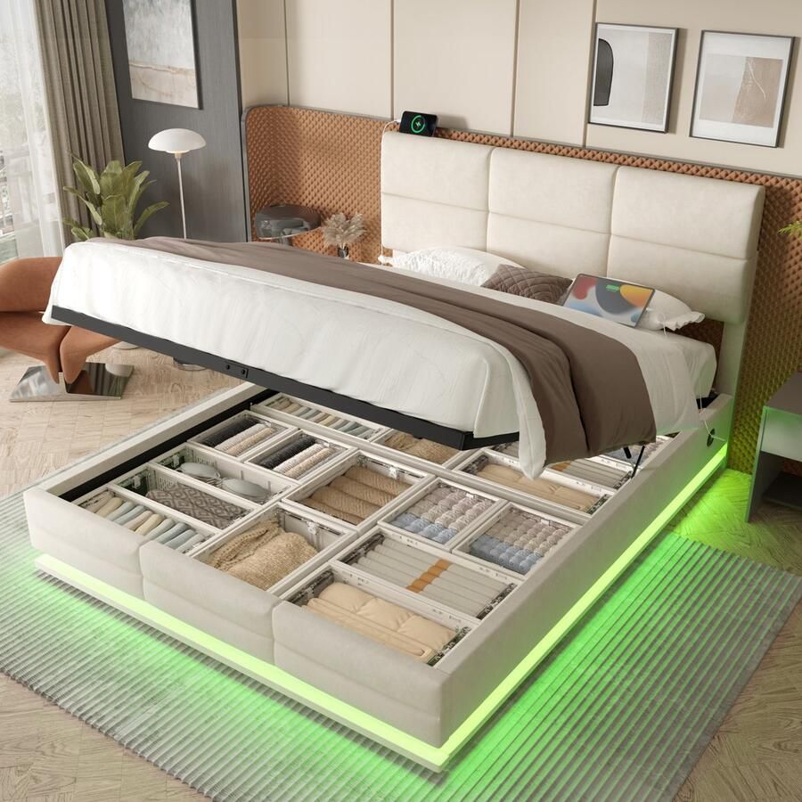 Gutent Bed met fluwelen bekleding 140x200 cm met in hoogte verstelbaar hoofdeinde Inclusief USB Type-C-aansluiting LED-ambianceverlichting Hydraulisch hefsysteem Opbergruimte (zonder matras) Beige