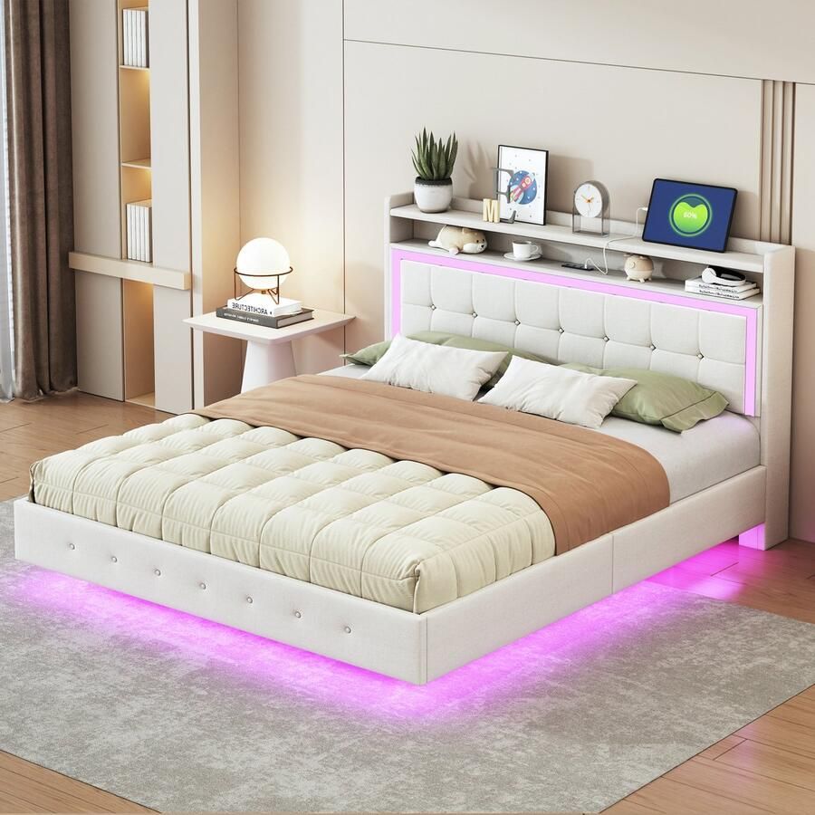 Singularity -Gestoffeerd bed 140x200 cm- met LED-verlichting- met USB-aansluiting- met laden- jeugdbed- volwassen bed- tweepersoonsbed- kunstleer- grijs- zonder matras