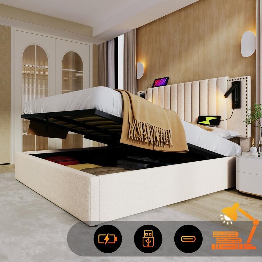 Singularity -Gestoffeerd bed 160x200 cm- tweepersoonsbed- leeslamp met USB-hoofdeinde- rugleuning met klinknageldesign- beige- zonder matras