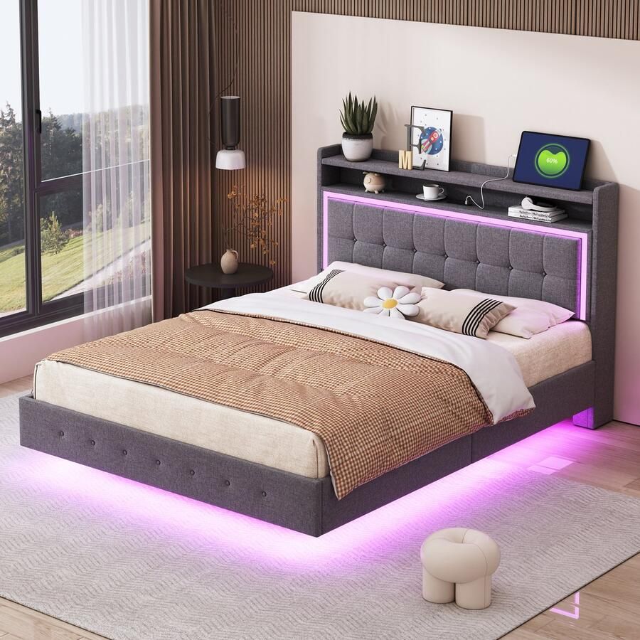 Merax Gestoffeerd bed 140x200cm met USB-stopcontact en LED-verlichting verborgen pootontwerp grijs zonder matras