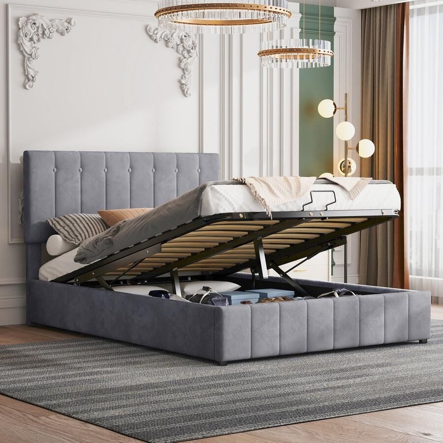 SONNENH Polsterbed 140x200 cm Hydraulisch opklapbaar met opbergruimte Verstelbare polsterhoofdsteun Metalen lattenbodem Milieuvriendelijk satijnweefsel Dubbel bed voor volwassenen en tieners grijs