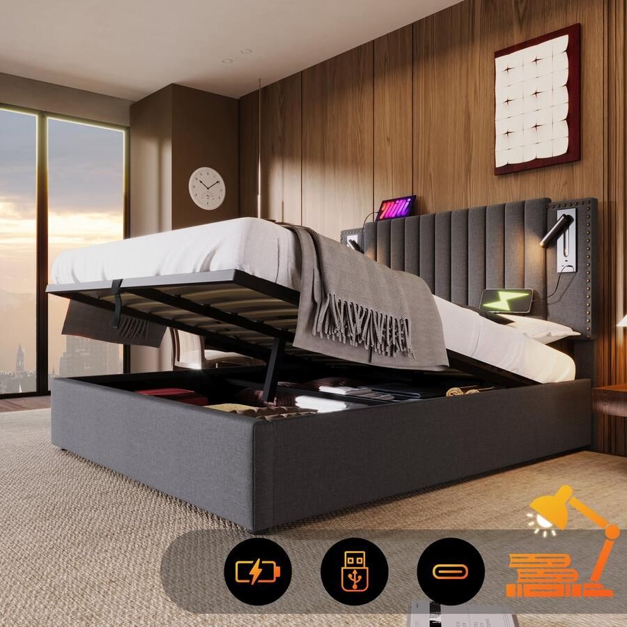 Singularity -Gestoffeerd bed 140x200 cm- tweepersoonsbed- leeslamp met USB-hoofdeinde- rugleuning met klinknageldesign- beige- zonder matras - Foto 2