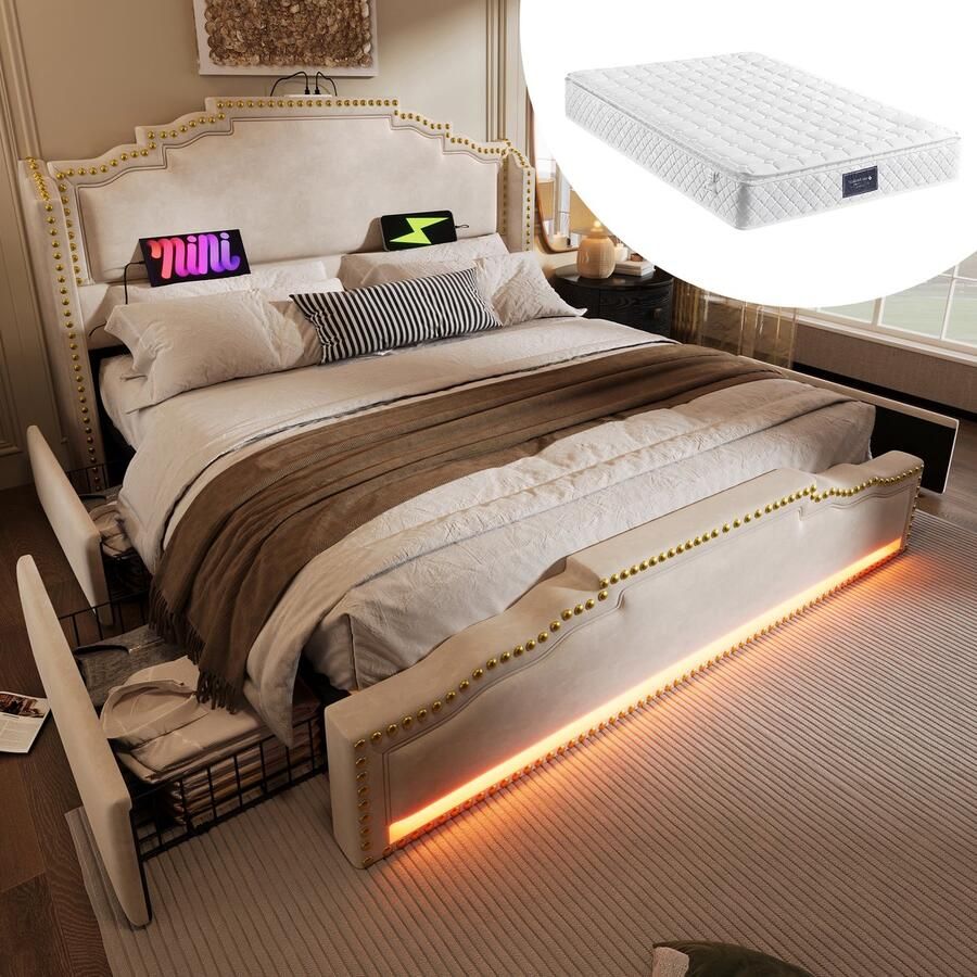 Merax Gestoffeerd bed 160x200cm tweepersoonsbed met 4 lades LED-verlichting en USB-C oplaadpoort opbergbed beige met matras