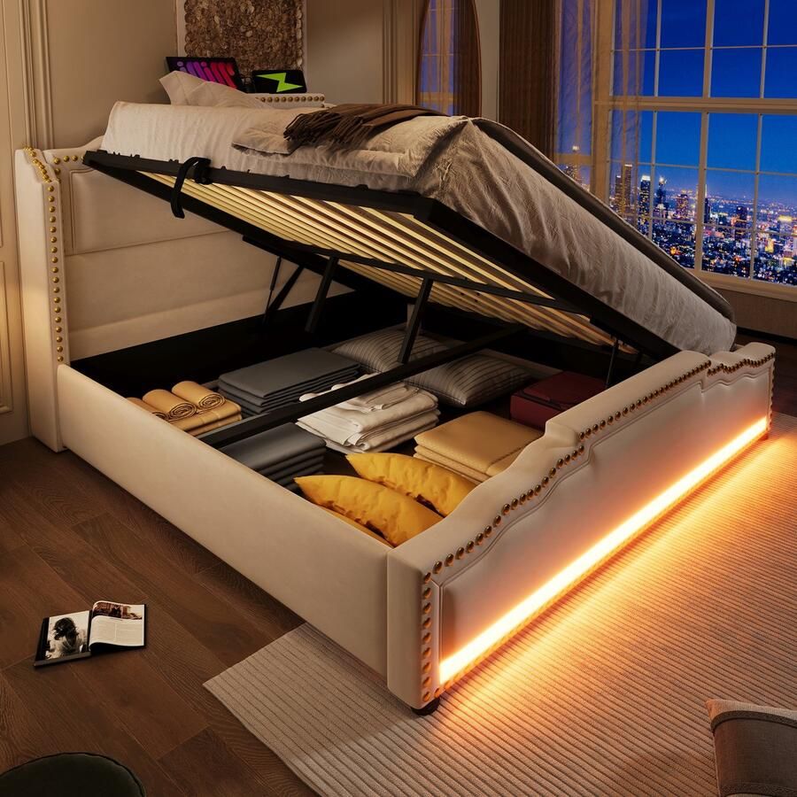 Merax Gestoffeerd bed 140x200 cm tweepersoonsbed met opbergruimte LED-verlichting en USB-C oplaadpoort jeugdbed beige geen matras