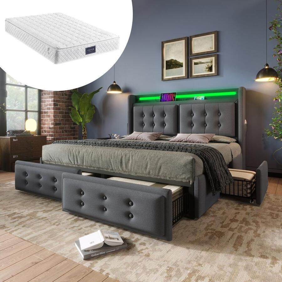 Singularity -Gestoffeerd bed 140x200- tweepersoonsbed met LED-hoofdbord en USB C en 4 lades- opbergbedden- beige- met matras
