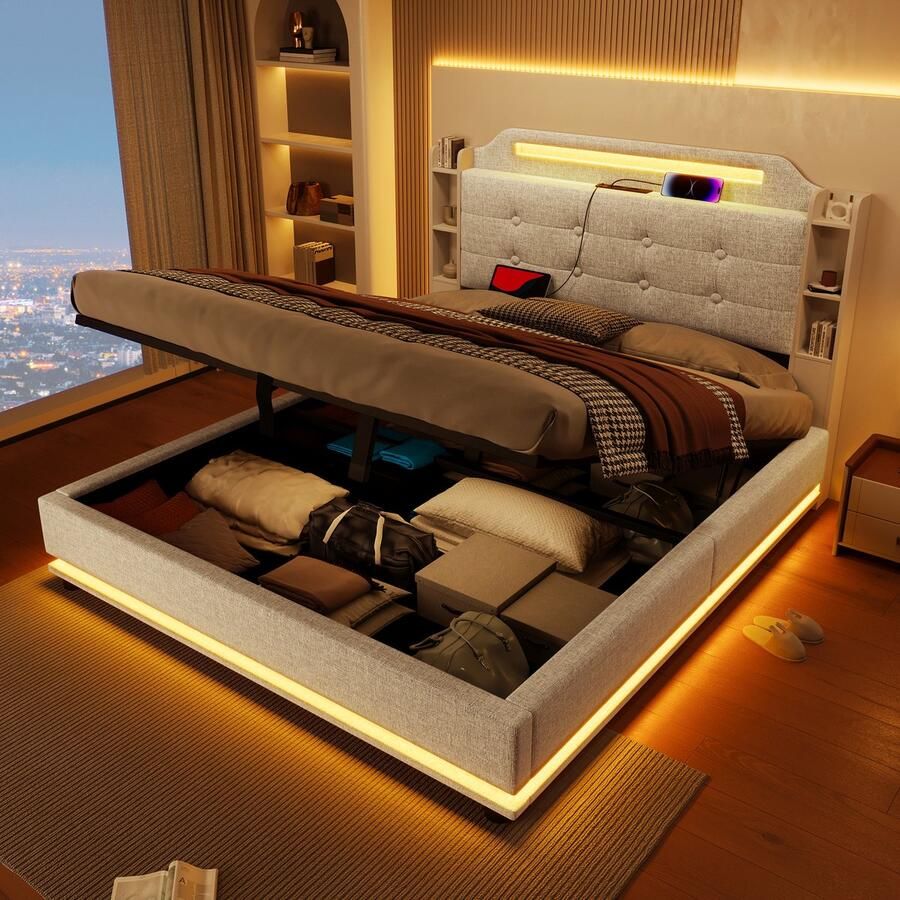 Singularity -Gestoffeerd bed- 140x200cm- met LED-lichtstrip- hydraulische opbergruimte- zonder matras- USB + TYPE-C- linnen- beige