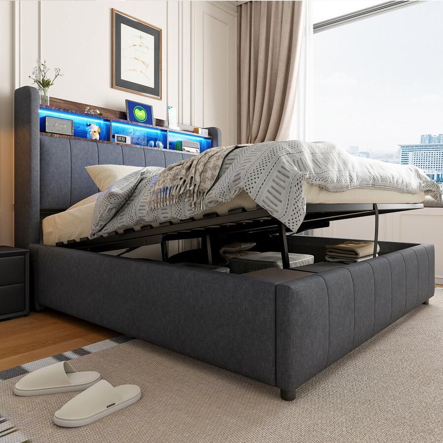 Singularity -Gestoffeerd bed 140x200cm- hoofdbord met planken en opbergruimte- met hydrauliek- tweepersoonsbed voor volwassenen- beige- zonder matras