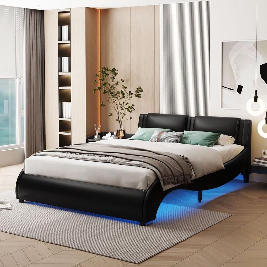 Singularity -Gestoffeerd bed 140x200cm kunstlederen bed met LED-verlichting bedframe met lattenbodem zwart- zonder matras