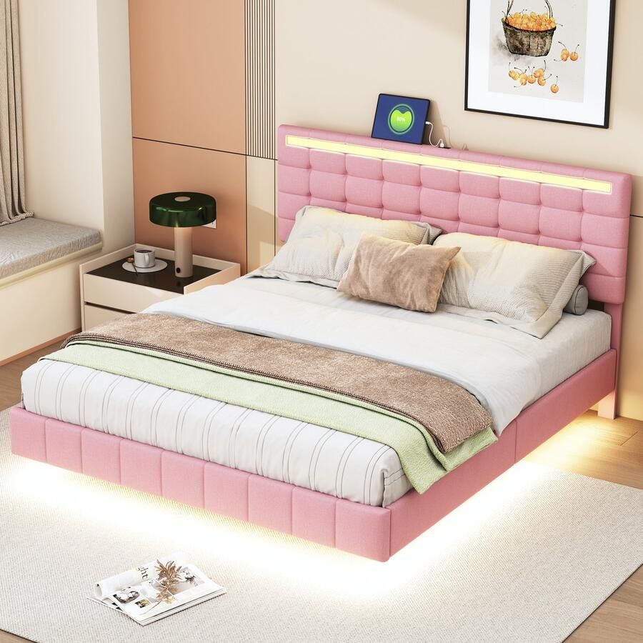Singularity -Gestoffeerd bed 140x200cm met LED-fitting 4 laden- eenpersoonsbed kinderbed jeugdbed logeerbed beige- zonder matras