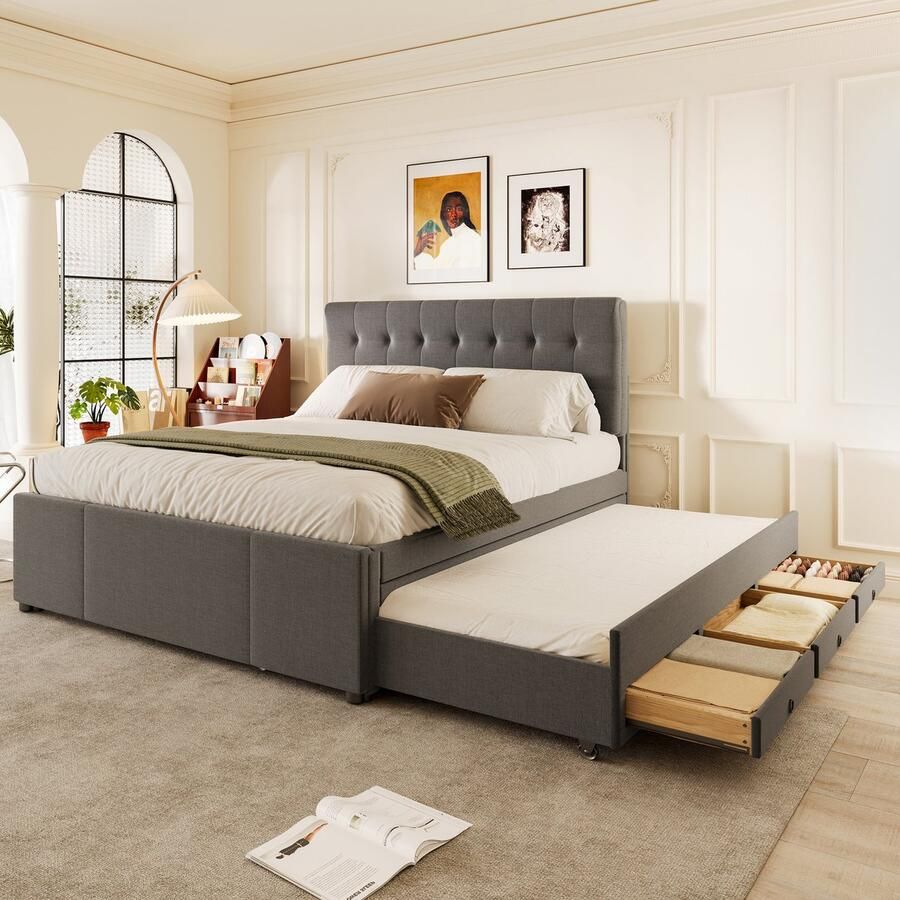 Singularity -Gestoffeerd bed- 140x200cm- tweepersoonsbed- familiebed- tweepersoonsbed met drie lades- uitschuifbaar bed- zonder matras- beige