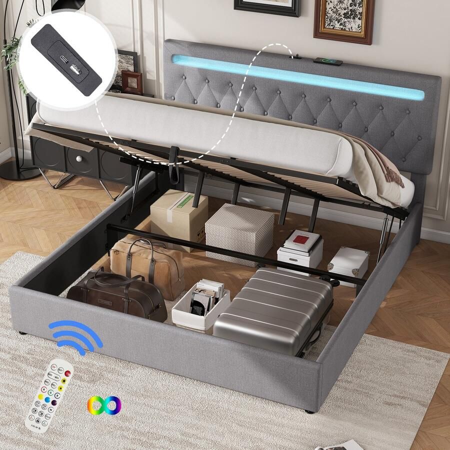 Singularity -Gestoffeerd bed- 140x200cm- tweepersoonsbed- tweepersoonsbed met drie lades- uitschuifbaar bed- zonder matras- grijs