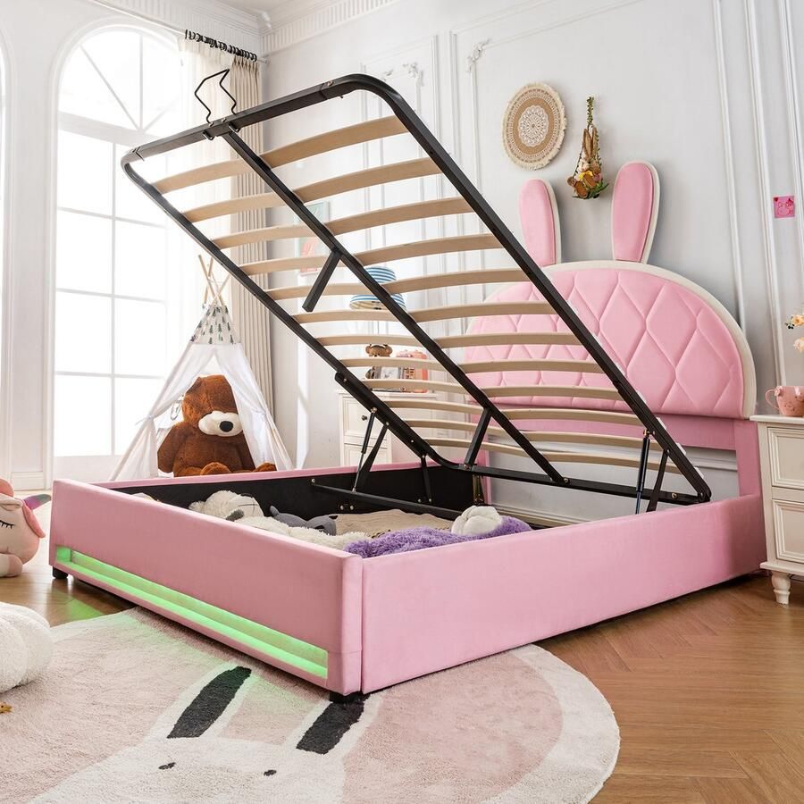 Singularity -Gestoffeerd bed 140x200cm- tweepersoonsbed- verstelbaar hoofdeinde- konijnenhoofdeinde- bed met metalen lattenbodem- fluweel- roze- zonder matras