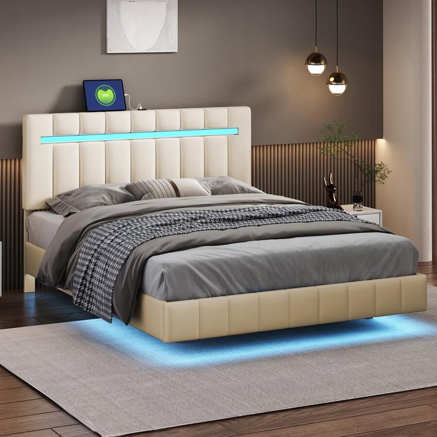 Merax Gestoffeerd bed 140 x 200 cm verstelbaar hoofdeinde met LED-verlichting tweepersoonsbed beige zonder matras