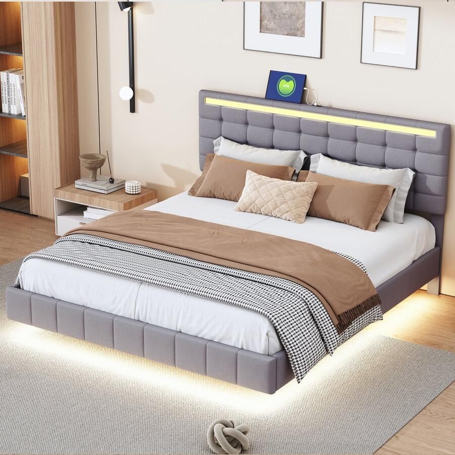 Singularity -Gestoffeerd bed 160 x 200 cm- gestoffeerd zwevend bedframe met LED-verlichting en hoofdeindedesign- tweepersoonsbed- grijs- zonder matras
