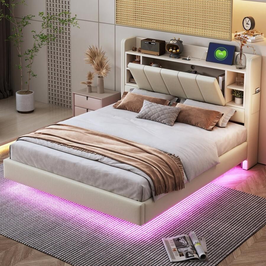 Singularity -Gestoffeerd bed 140 x 200 cm- met USB-aansluiting en lichtstrip- omkeerbaar hoofdbord met opbergvakken- tweepersoonsbed beige- zonder matras