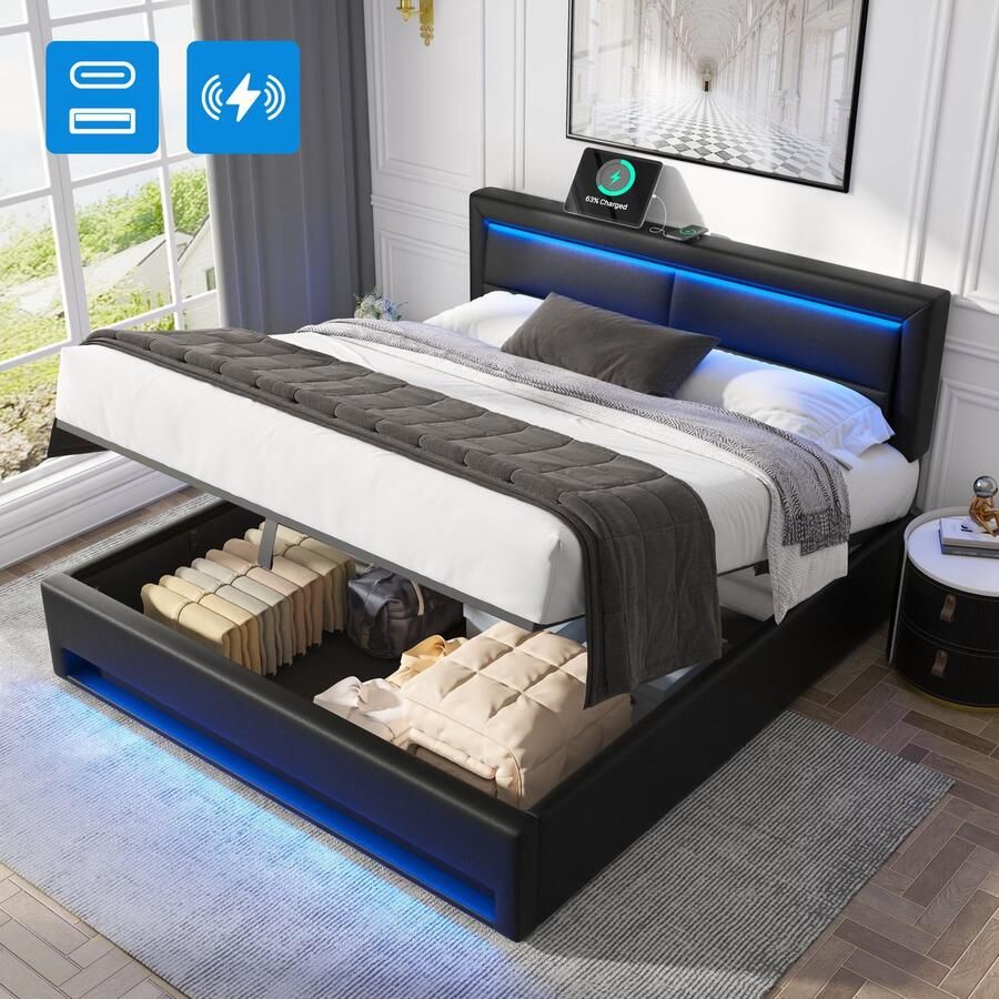 Singularity -Gestoffeerd bed 160 x 200 cm- met USB-aansluiting- met LED-verlichting en opbergruimte- zonder matras- PU-lychee-patroon- grijs