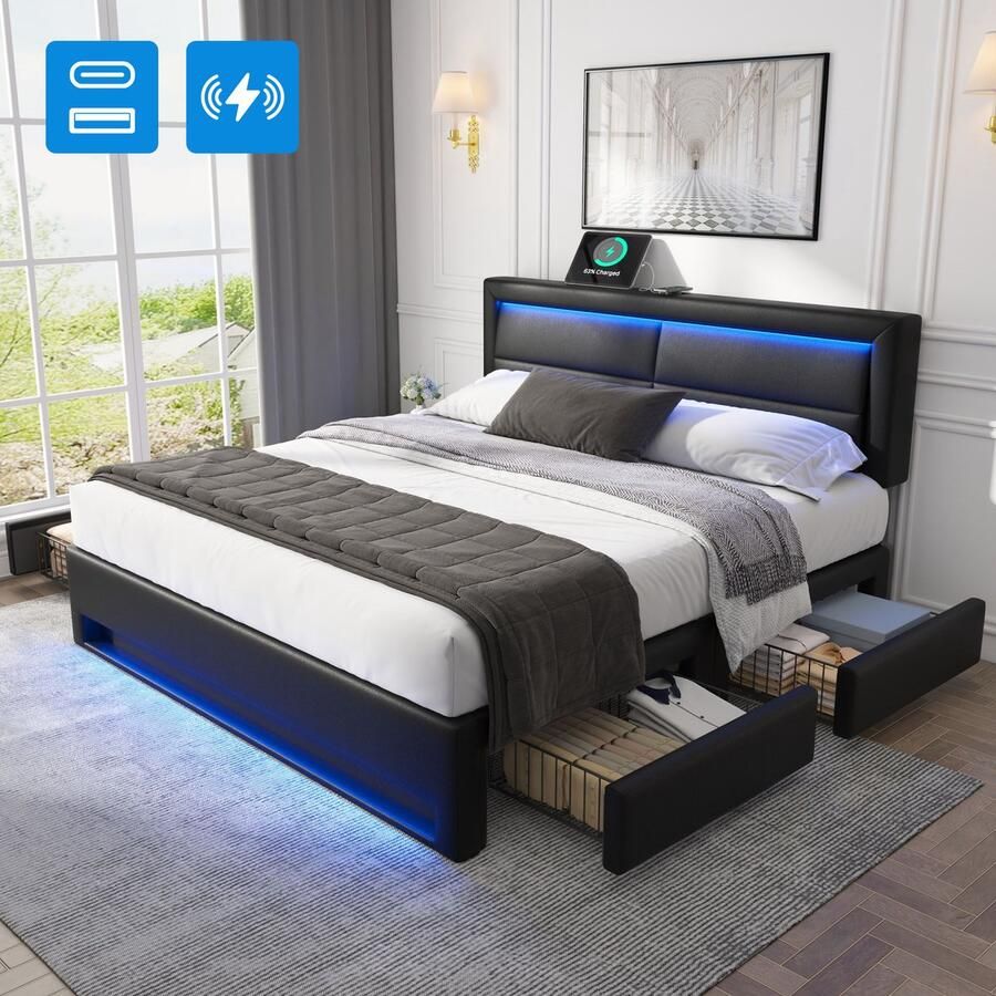 Singularity -Gestoffeerd bed 160 x 200 cm- met USB-aansluiting- met LED-verlichting en vier lades- zonder matras- PU-lychee-patroon- zwart