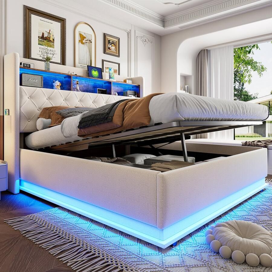 Singularity -Gestoffeerd bed 160 x 200 cm- opbergbed met USB-oplaadaansluiting en hydraulische opbergruimte- huidvriendelijke linnen stof- grijs- zonder matras