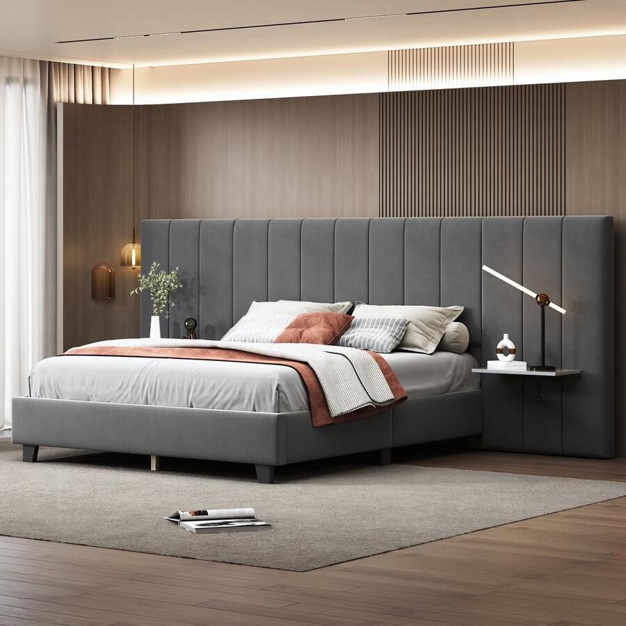 Singularity -Gestoffeerd bed 160 x 200 cm- tweepersoonsbed met verlengd hoofdeinde en rugleuning- met lattenbodem- grijs- zonder matras