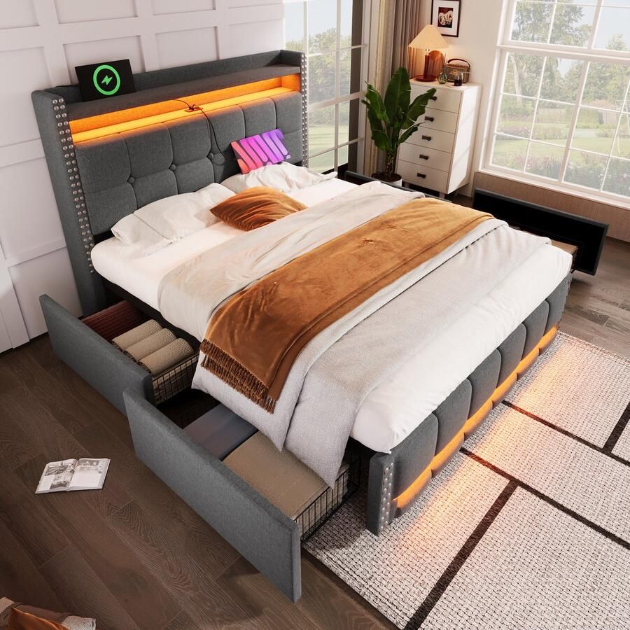 Singularity -Gestoffeerd bed 160x200 cm- hoofdbord met planken en opbergruimte met 4 lades- tweepersoonsbed voor volwassenen- grijs- zonder matras