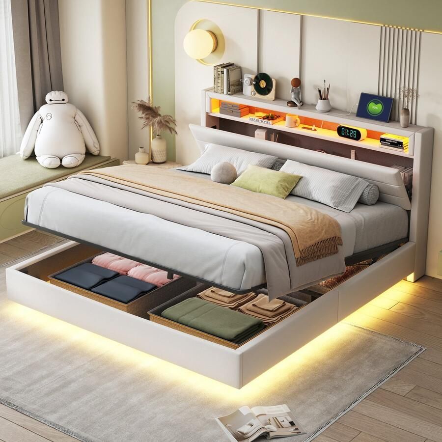 Sweiko Tweepersoonsbed 160x200 cm Opbergruimte USB-aansluiting + LED-verlichting Linnen Beige