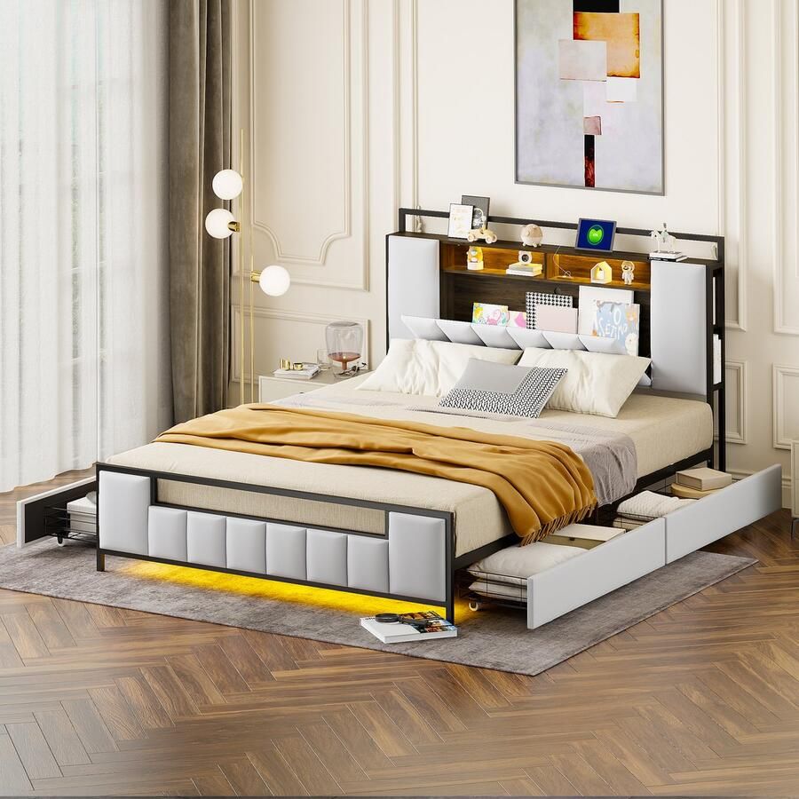 Singularity -Gestoffeerd bed 160x200 cm- met LED-verlichting- met USB-aansluiting- met laden- jeugdbed- volwassen bed- tweepersoonsbed- kunstleer- wit- zonder matras