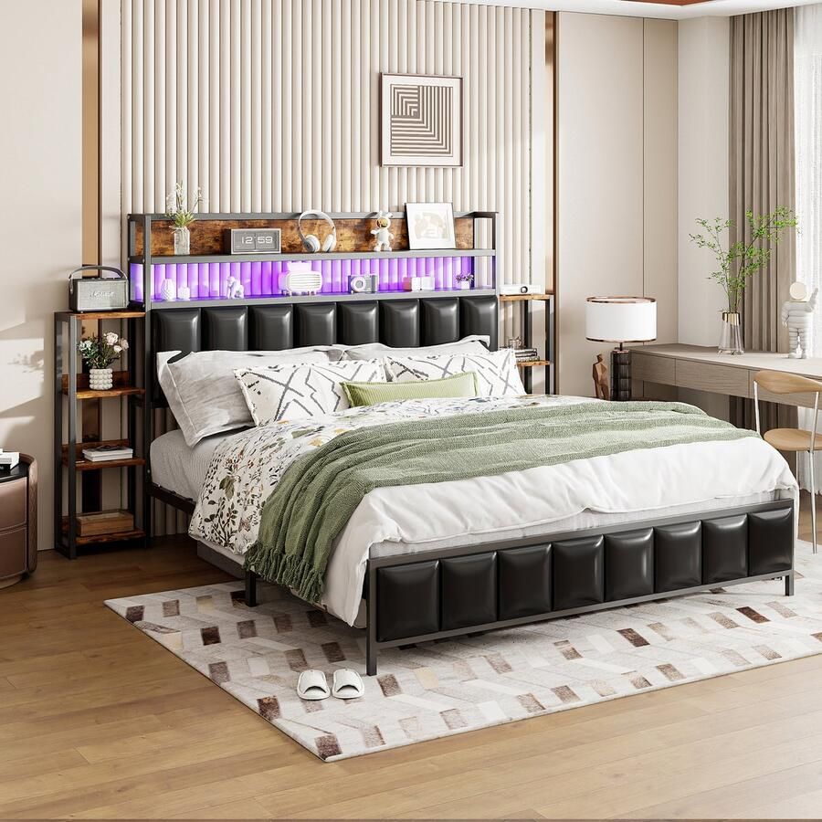 Singularity -Gestoffeerd bed 160x200 cm- met meerdere planken- met LED-verlichting- hoofdeinde voor opbergruimte- jeugdbed- tweepersoonsbed- zwart- zonder matras