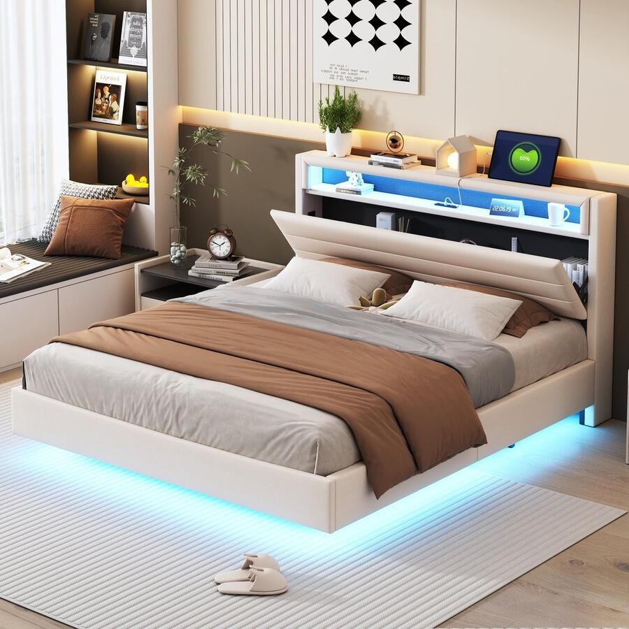 Singularity -Gestoffeerd bed 160x200 cm met USB-aansluiting en LED-verlichting- omkeerbaar hoofdeinde- verborgen voeteneinde- tweepersoonsbed- beige- zonder matras