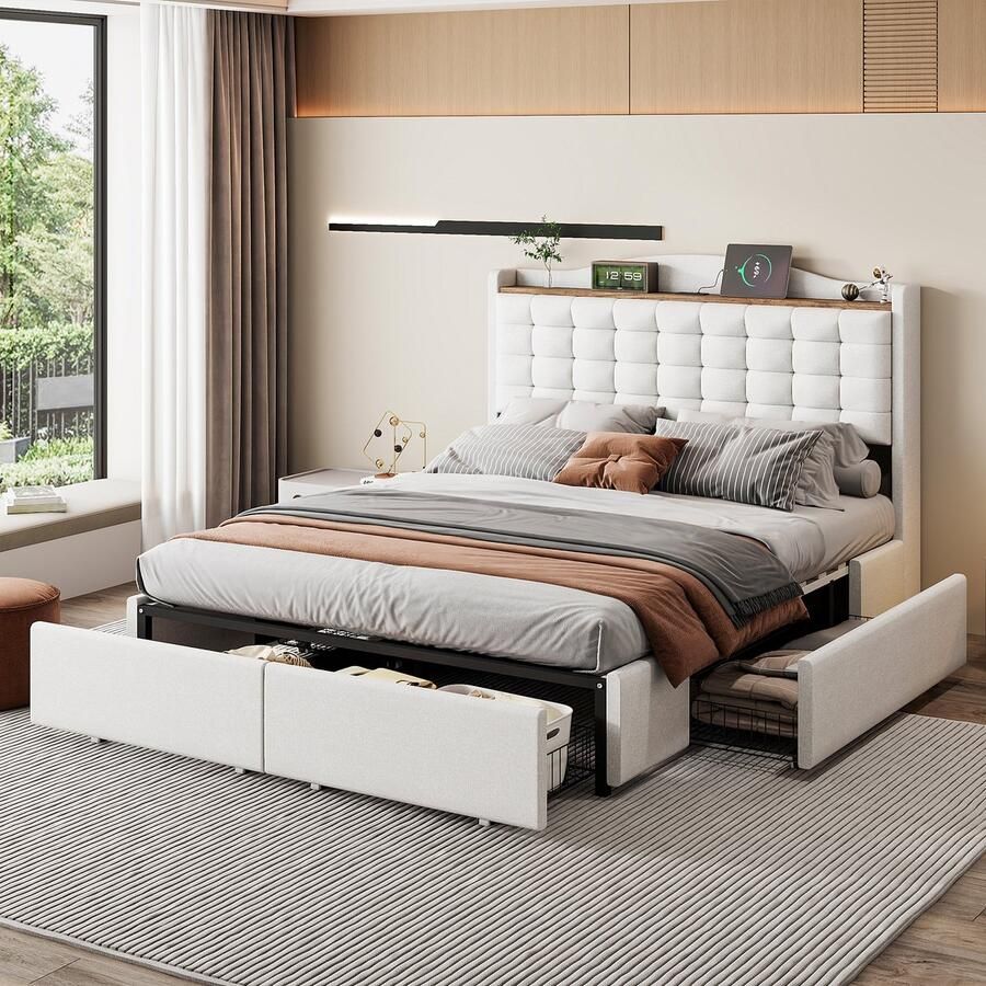 Singularity -Gestoffeerd bed 160x200 cm- nachtkastje met USB-oplaadpoort en opbergruimte- tweepersoonsbed met 4 lades- linnen stof grijs- zonder matras