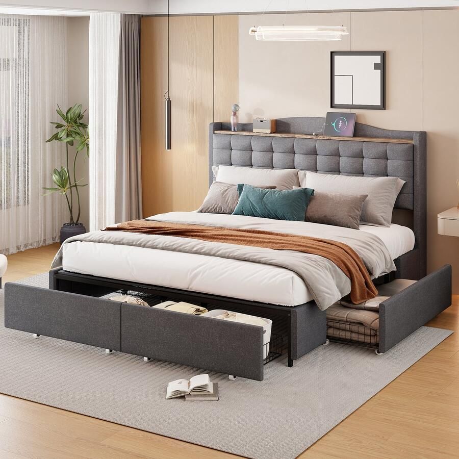 Singularity -Gestoffeerd bed 160x200 cm- nachtkastje met USB-oplaadpoort en opbergruimte- tweepersoonsbed met 4 lades- linnen stof beige- zonder matras