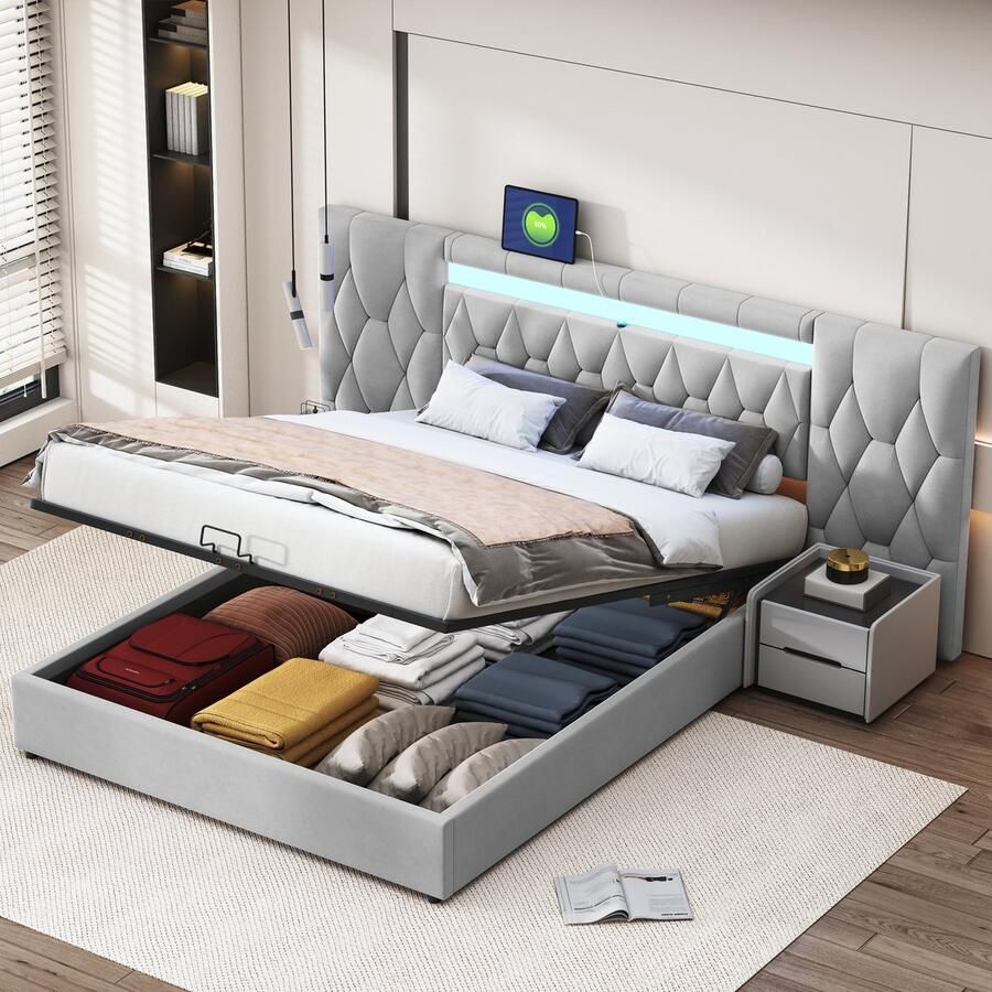 SONNENH Elegantes Polsterbett 160x200 met grote rugleuning fluwelen bed LED-verlichting USB-poort en hydraulisch opbergsysteem