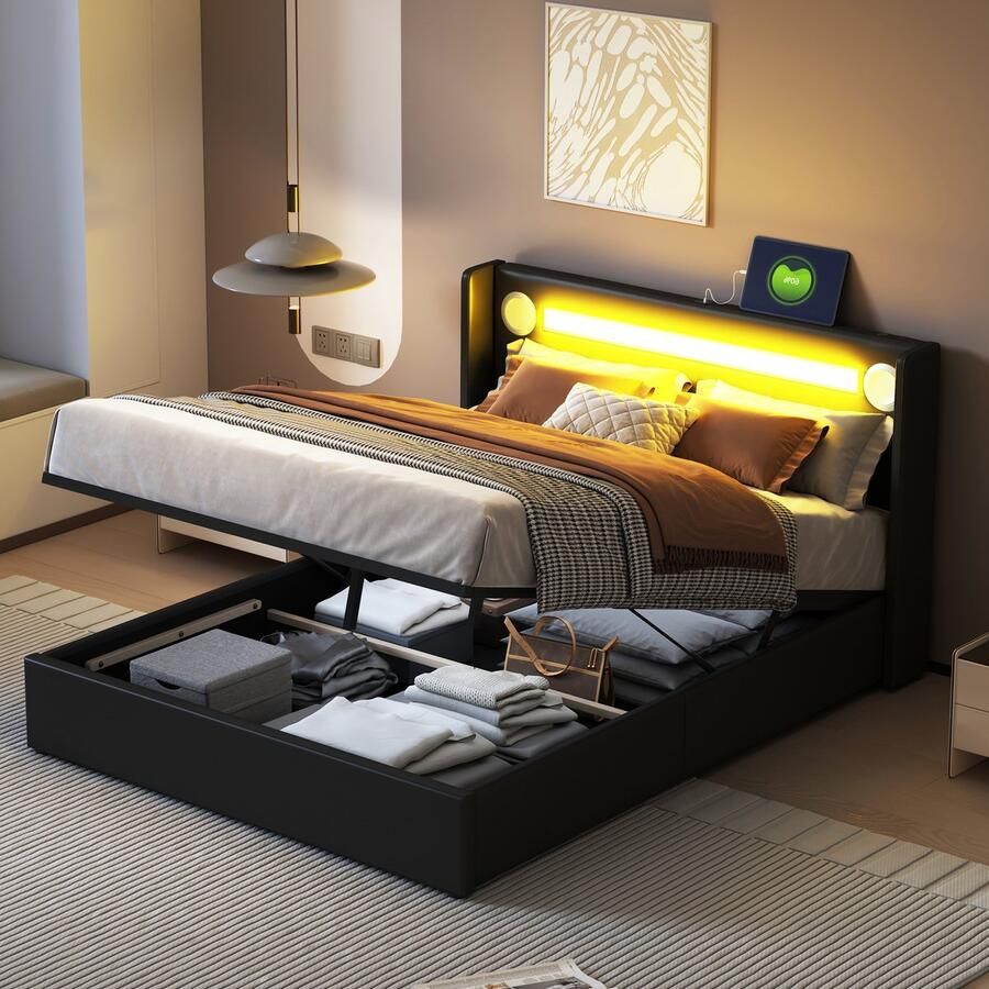 SONNENH Polsterbed 140x200 cm met LED-verlichting Bluetooth-speelafnemer USB-oplaadpoort opbergfunctie hoog frame van PU-leer dubbel bed met lattenbodem – zwart