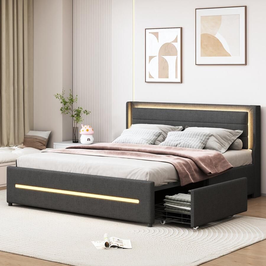 Singularity -Gestoffeerd bed 160x200 met ledverlichting- met vier opbergvakken- linnen stof- tweepersoonsbed met lattenbodem- grijs- zonder matras