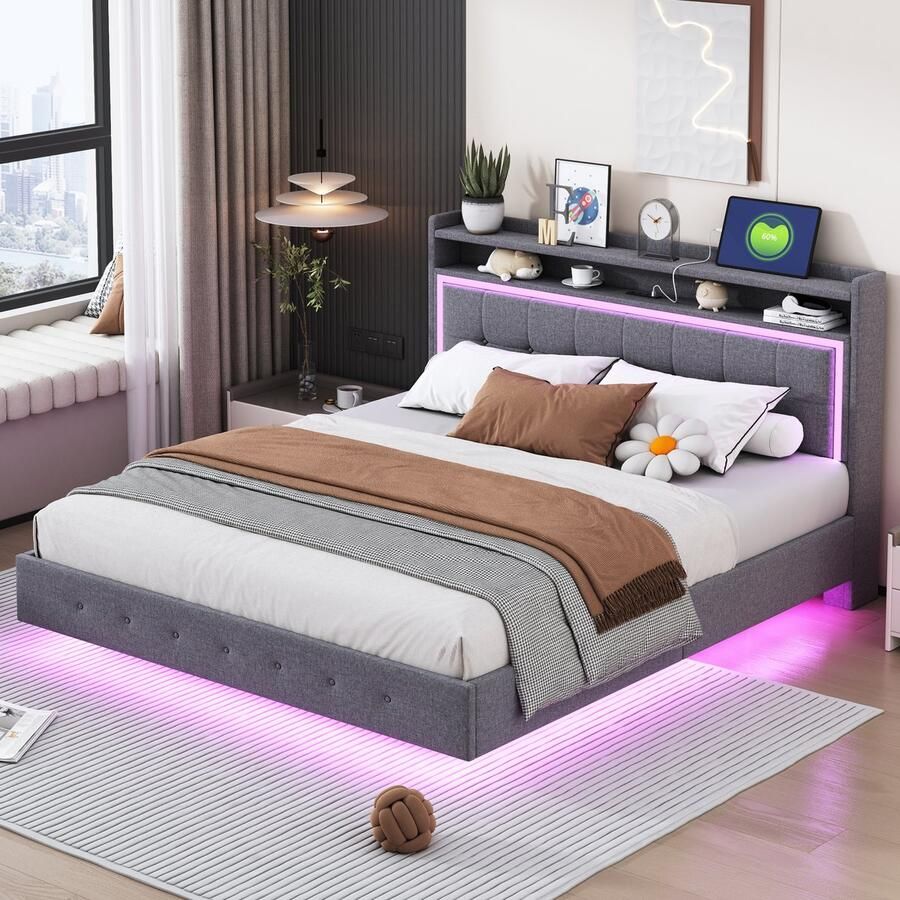 SONNENH Polsterbed 160x200 met USB-poort LED-verlichting verstopt voetendesign dubbel plat bed en linnen stof in grijs