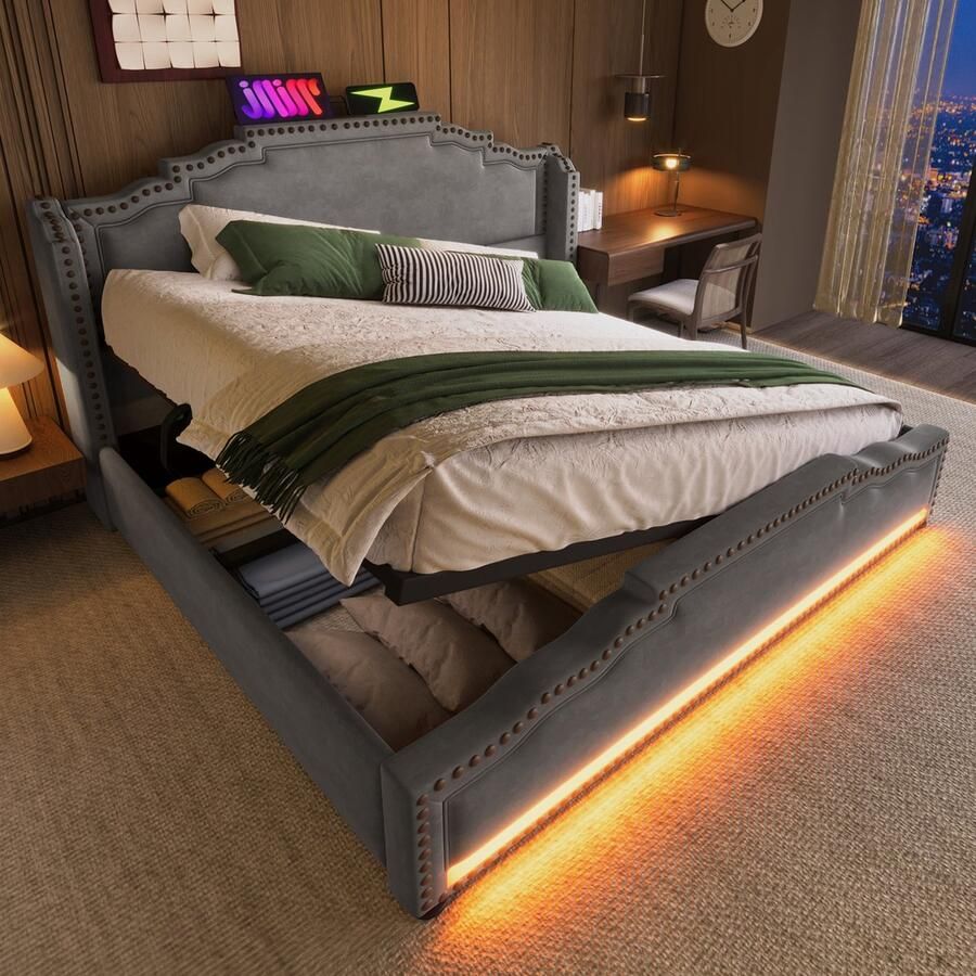 Merax Gestoffeerd bed 160x200 cm tweepersoonsbed met opbergruimte LED-verlichting en USB-C oplaadpoort jeugdbed grijs geen matras