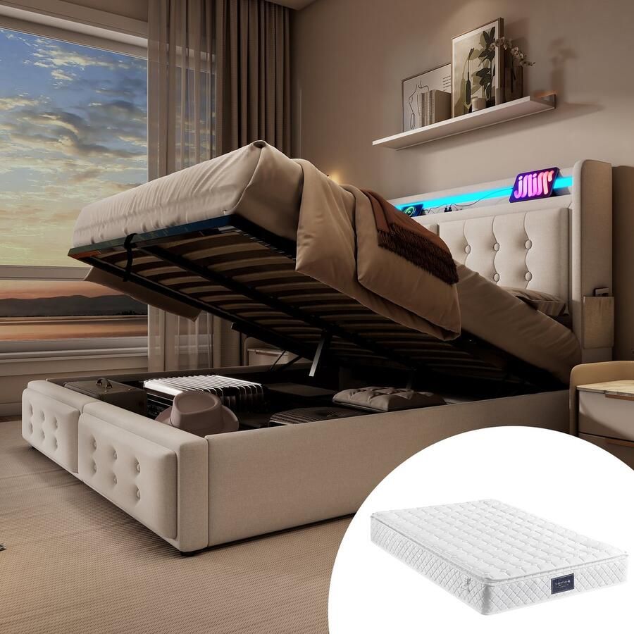 Singularity -Gestoffeerd bed 160x200- tweepersoonsbed met LED-hoofdbord en USB C- hydraulisch bed- draagvermogen 300 kg- grijs- met matras