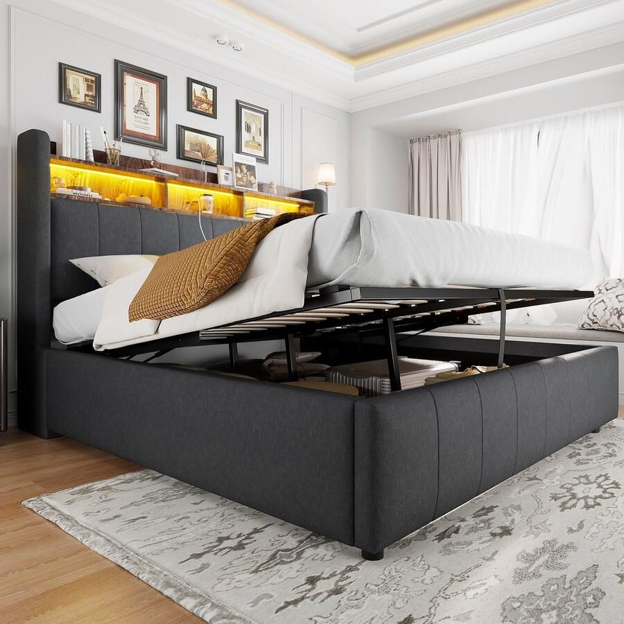 Singularity -Gestoffeerd bed 160x200cm- hoofdbord met planken en opbergruimte- met hydrauliek- tweepersoonsbed voor volwassenen- grijs- zonder matras