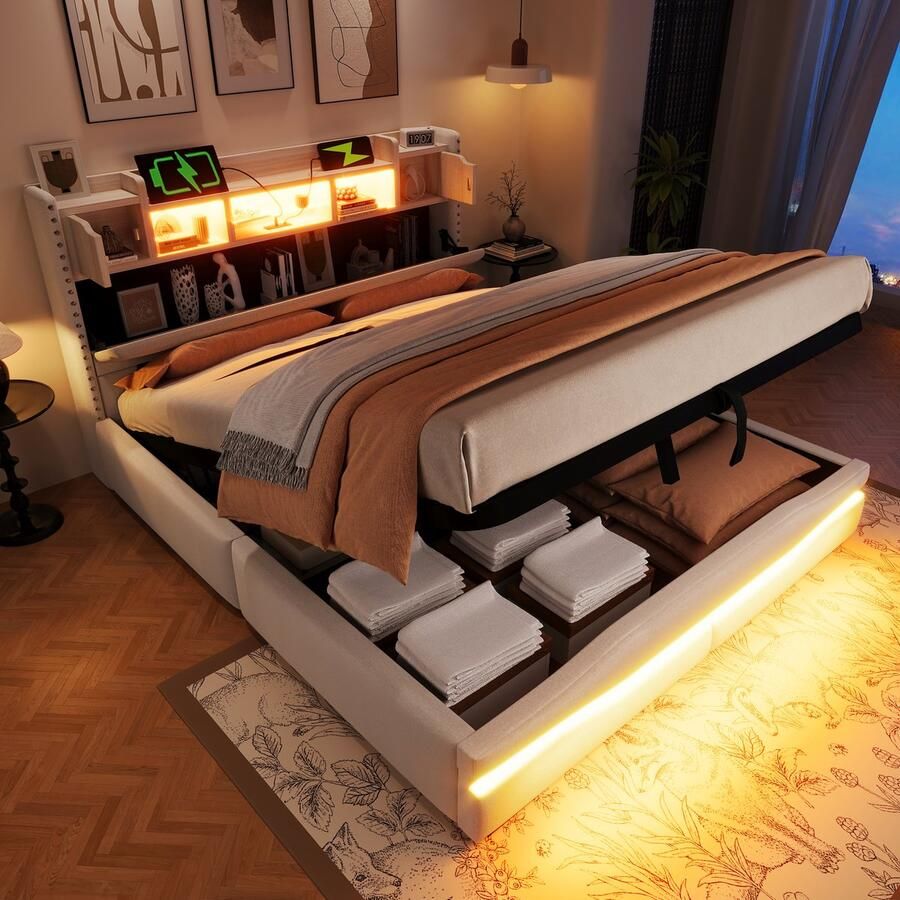 Singularity -Gestoffeerd bed- 160x200cm- hoofdeinde met opbergvak- hydraulisch opbergbed- zonder matras- met ledverlichting- beige
